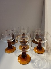 Vintage Clear And Amber Glass Goblets Set Of 7 Beehive Base