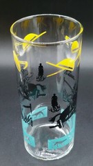 Vintage Federal Glass Equestrian Fox Hunt Highball 6″Bar Glass Blue Yellow Black