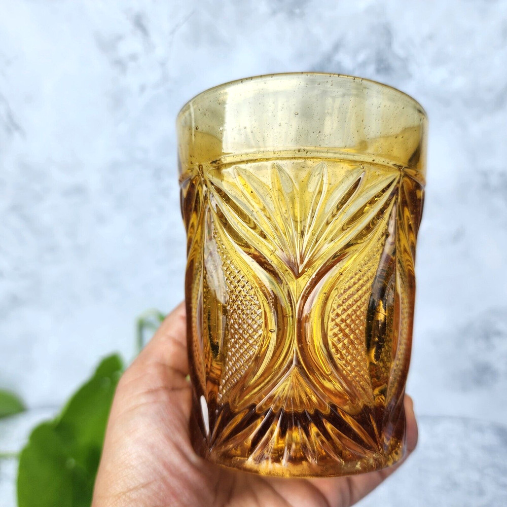 1930s Vintage Unique Design Amber Thick Glass Tumbler Barware Decorative GT241