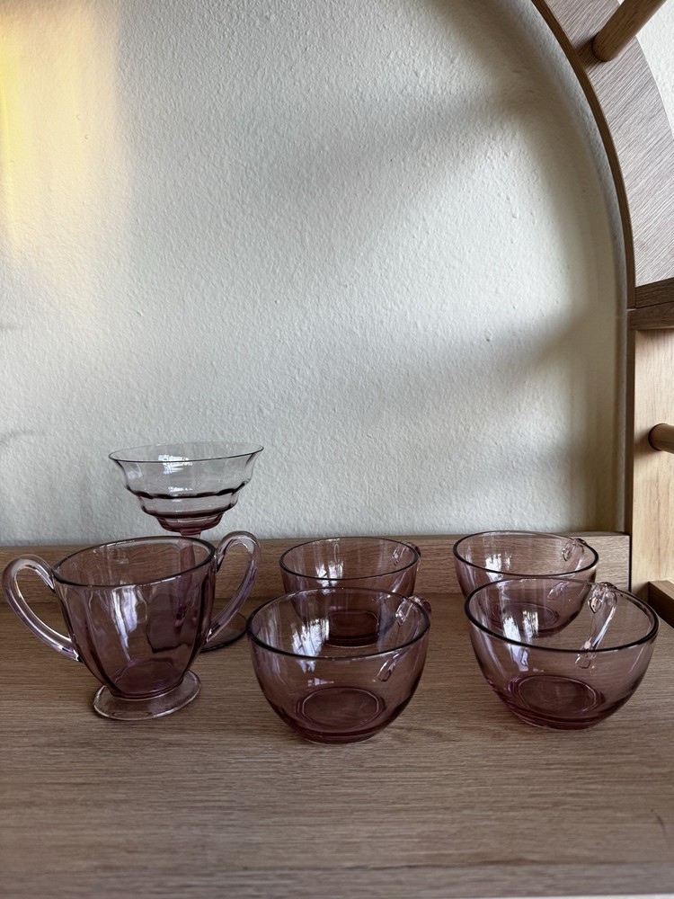 Six-Piece Pink Depression Glass set, cups, cocktail glass, and Sugar Bowl Set