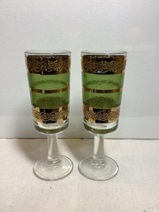 MT1099 Set Of 2 Small Vintage MCM Culver Starlyte Cordial Glasses Gold & Green