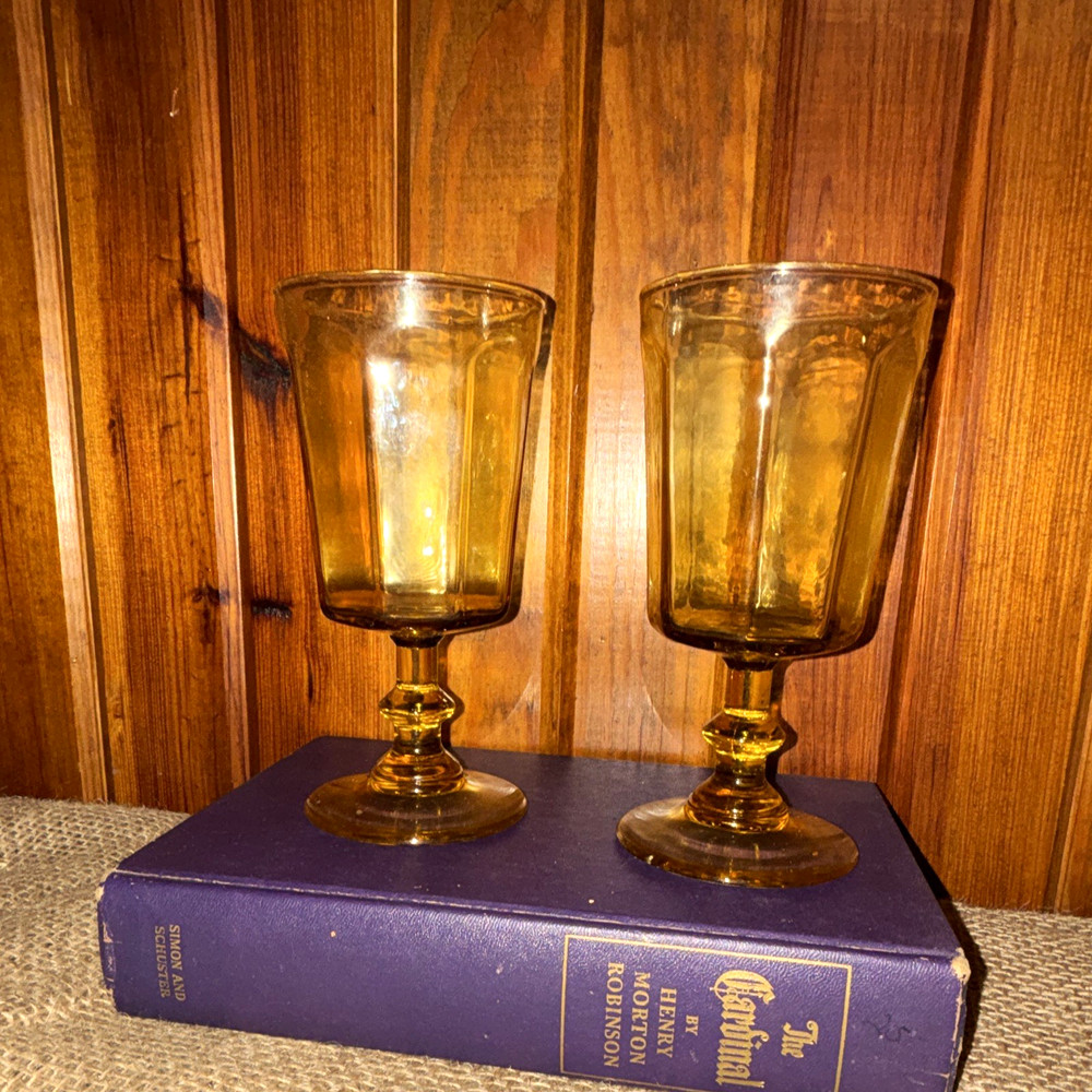 Vintage Lenox «Antique Yellow» Paneled Goblets – Glass Honey Amber Stemware 2