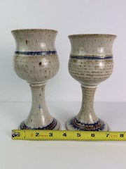 Set of 2 Studio Art Stoneware Pottery Wine Goblets Speckled Gray & Blue Glazed