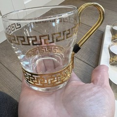 Greek Key Continental Coffee Cup/Mug by Libbey 60s Art Deco Gold Metal Set of 7