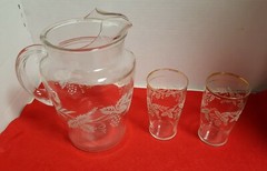 2 Drink Glasses & Water Pitcher Golden Grape Frosted Etched Bartlett & Collins