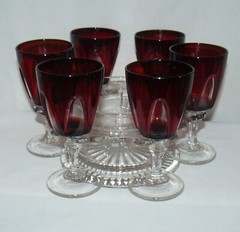 Set of 6 Wine Glasses W/ Glass Caddy Bowl Ruby Red Clear & Optic Stemmed