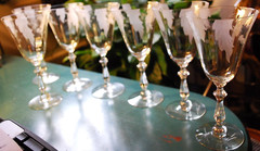 Vtg Set 7 HUNTINGTON OPTIC CRYSTAL Water Goblets FROSTED DRAPED LEAVES c1931