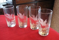 Libbey Tumblers 4 Retro Flying Goose cattails Etched glass FREE SHIP!!