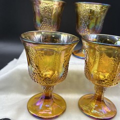 4 VTG Indiana Glass Iridescent Marigold Carnival Glass Harvest Grape Goblets Set