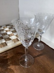 2 Vintage MORGANTOWN CRYSTAL Etched Floral WINE GLASSES BARWARE OPTIC SWIRL