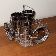 MCM Kimiko Coat Of Arms Barware Set W/ Tumblers/Caddy/Coasters. Silver & Chrome.