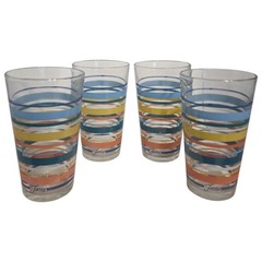 4 Vtg Libbey Mambo Fiesta Tumbler Teal Stripe 16oz Ice Tea Water Glass Retro SEE