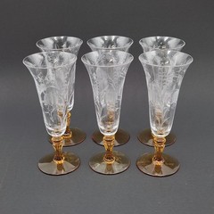 Bohemian Czech Etched Crystal Flutes Amber Stems Hand Blown 6.5 in Set of 6