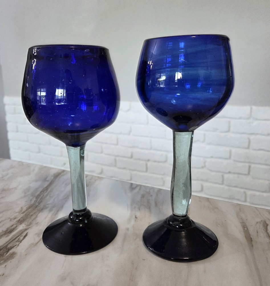 Cobalt Blue Swirl Vintage Wine Water Goblets Glasses Pair Handblown Clear Stem