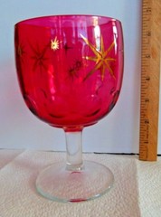 1 Barlett Collins? ATOMIC Star Burst Cranberry Red Thumbprint Glass Goblet MCM