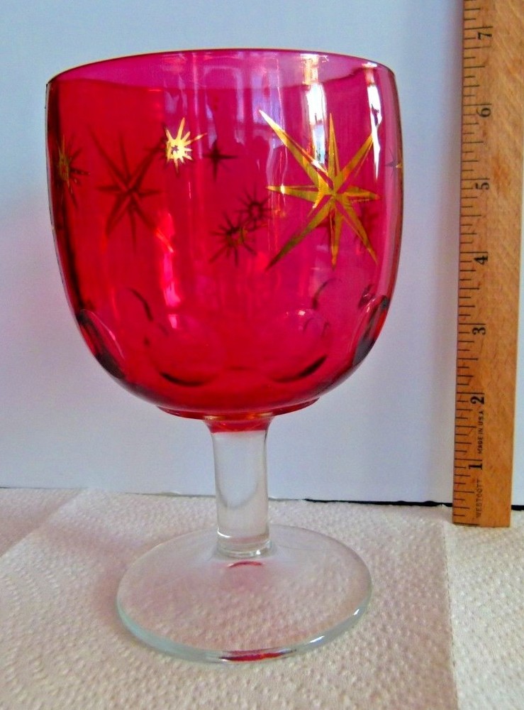 1 Barlett Collins? ATOMIC Star Burst Cranberry Red Thumbprint Glass Goblet MCM