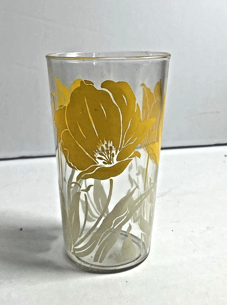 Vintage 50s Yellow Tulip Flower White Leaves Clear Drinking Glass Tumbler 4.75″