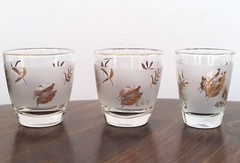 3 Vintage MCM Libbey Frosted Gold Leaf Glasses Drinking 2~8 oz. 1~6 oz.