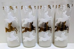 Vtg Libby Barware Drinking Glasses Equestrian Horses Stallions Frosted Gold GC