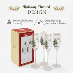 Spode Christmas Tree 8.45 Oz. Champagne Fluted Glasses with Gold Rims, Set of 4