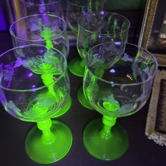 Set of 6 Tiffin Glasses with Etched Designs & Dark Green Uranium Stems Vintage