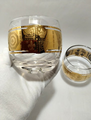 (4) VITO BARI GOLD ROLY POLY Cocktail Glass~CULVER Style Bar Glass~3″x3~22k Gold