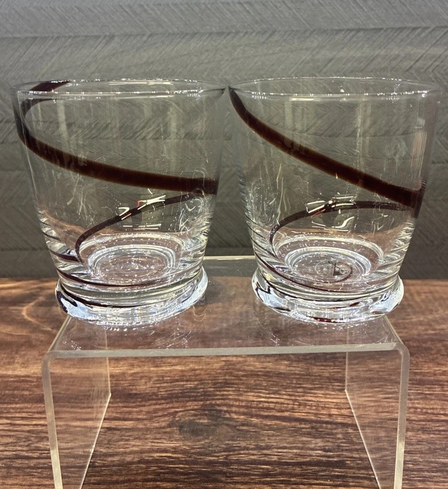 1 SOURCE INC, HAND BLOWN, RED SWIRLINE OLD FASHION GLASS SET OF 2 No Chips