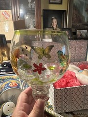 Hand Painted Butterfly Floral Clear Glass Goblet Green Rim 17 oz China