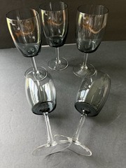Vintage Danish Modern Mid Century Smoke Gray Clear Stem Glasses Set (5) Barware