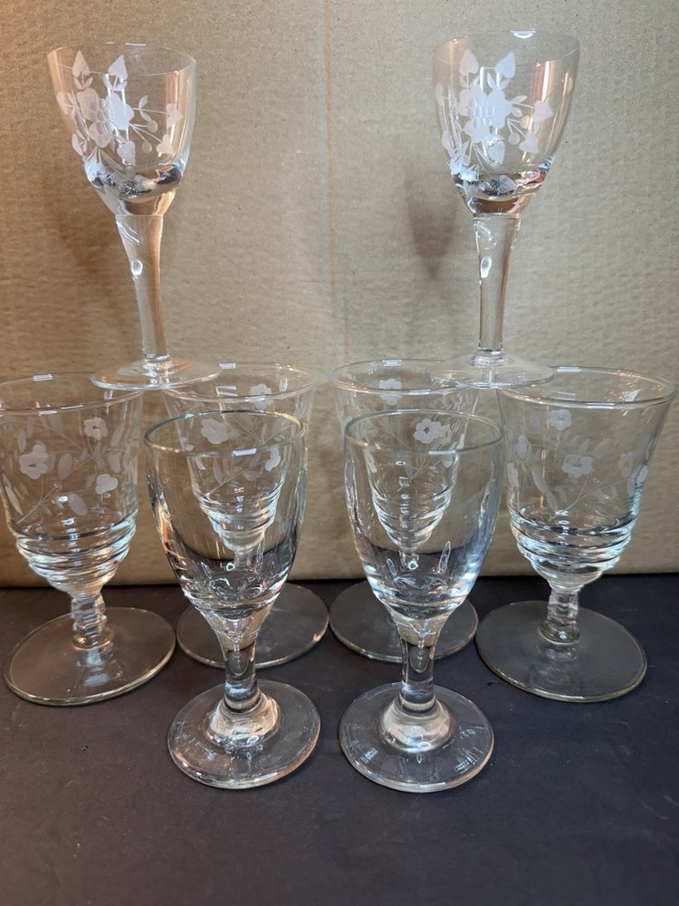 Vintage Etched Floral Stemware Lot 8 Assorted Wine Goblets Cordial Glasses