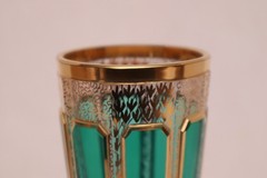 Pair Moser Cut to Clear Cabochon Enamel Scrollwork & Gold Champagne Flutes SET 2