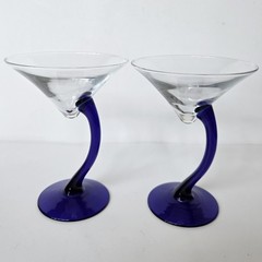Libbey Bravura Martini Glasses (Set of 2) Cobalt Blue Curved Stem Vtg Barware