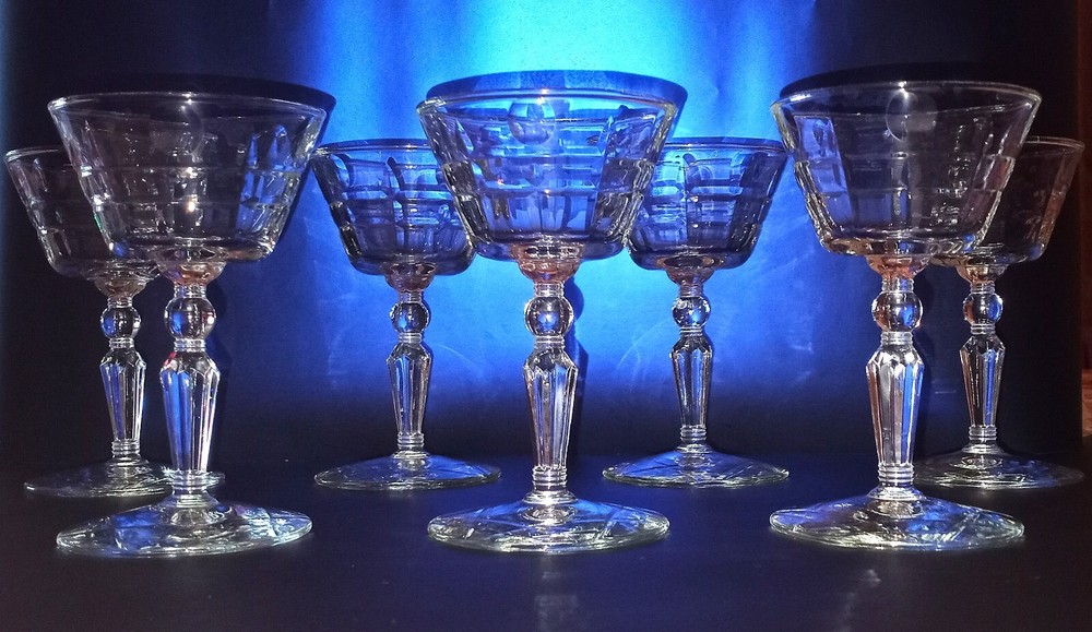 Set of 7, Cut Champagne Glasses w/Tulip-Like Bowl & Knop/Beveled Stem, 4¾» Tall.
