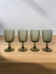 Olive Leaf Green Water Goblets Set of 4 Embossed Glasses