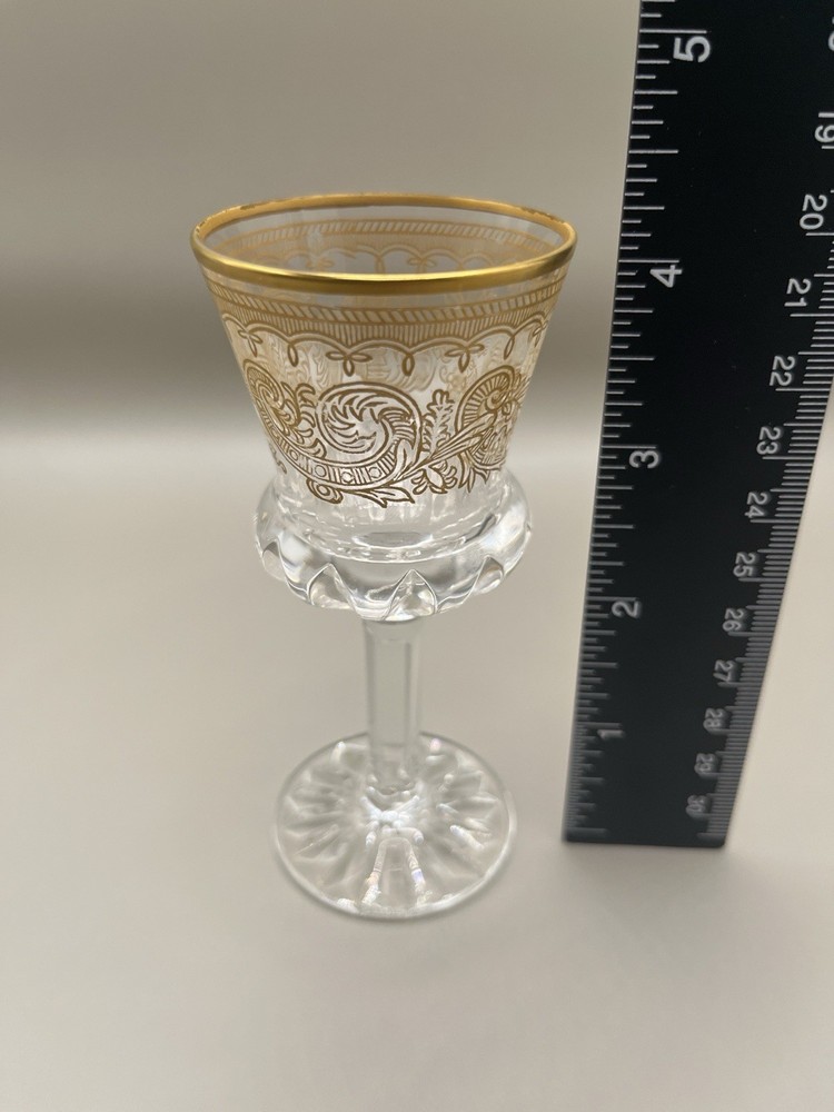 Vintage Crystal Cordial Glass w/ Gold Gilt, Etched Design, 4.25” Tall