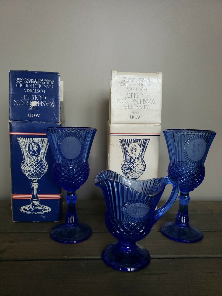 3 Piece Vintage Avon Fostoria Blue Glass Washington Goblets & Pitcher Set & Box