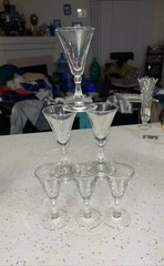 Set of 6 Antique Hand-Blown Trumpet Cordial Glasses – Rough Pontil, Paneled Stem