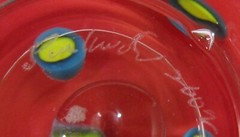 Signed Hand-Blown Art Glass Double-Handled Cup Bowl Red w/ Yellow Polka Dots