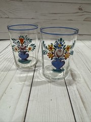 Set Of 2 Painted 4” Glasses Floral Design Vintage Bavarian Or Folk Art