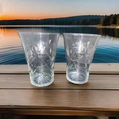 PAIR OF TUMBLER GLASSES 4” CUT GLASS ETCHED FLOWERS CRYSTAL CLEAR VTG
