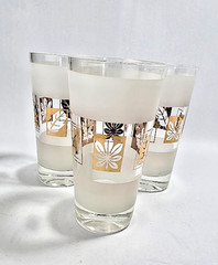 3 Mid Century Libbey Tapered Frosted Highball Glasses, Gold Leaf and Frosted