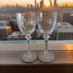 Set of 2 Miller ROGASKA Country Garden Wine Goblets Crystal Cut Glass 7 3/4”