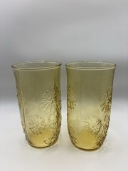 Anchor Hocking Set Of 2 Spring Song Daisy Tumbler Cups Honey Gold Amber 5”