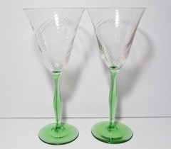 2 Tiffin Swirl Optic Green Uranium Stem Tall Wine Water Goblets Glasses 8.5″