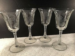 Stemware Vintage Floral Etched Goblets Mid Century Twisted Diamond Stem Lot 4