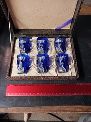 Vintage Cobalt Cut‑to‑Clear Crystal Demitasse Glasses-Boxed Set of 6–Bohemian
