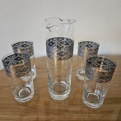CULVER SORRENTO Vintage MCM Filigree Turquoise Pitcher & 4 Highball Glasses Set