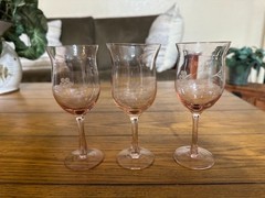 Three set of delicate floral etched pink depression glass tulip stem glasses
