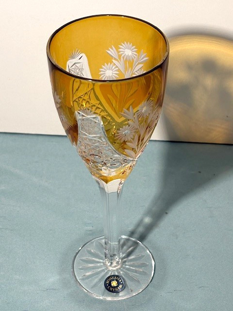 Bohemian Crystan Amber/Yellow Wine Glass 8.25in Tall