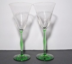 2 Tiffin Swirl Optic Green Uranium Stem Tall Wine Water Goblets Glasses 8.5″